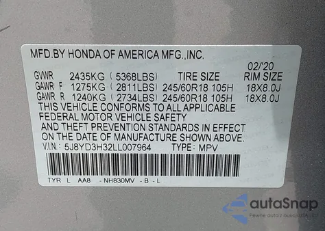 2020 Acura Mdx Standard from USA, damaged, VIN 5J8YD3H32LL007964